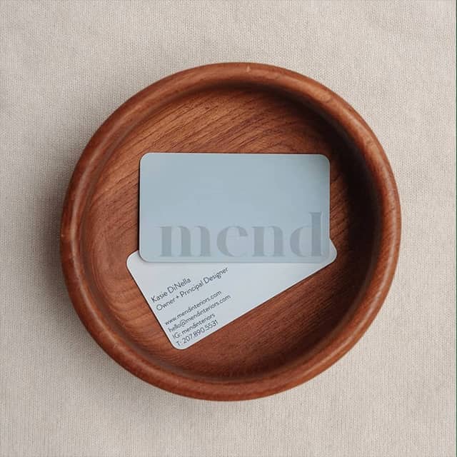Mend Interior blue rounded corner business cards printed by MOO