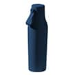 Dark blue reusable water bottle with handle on a blue background