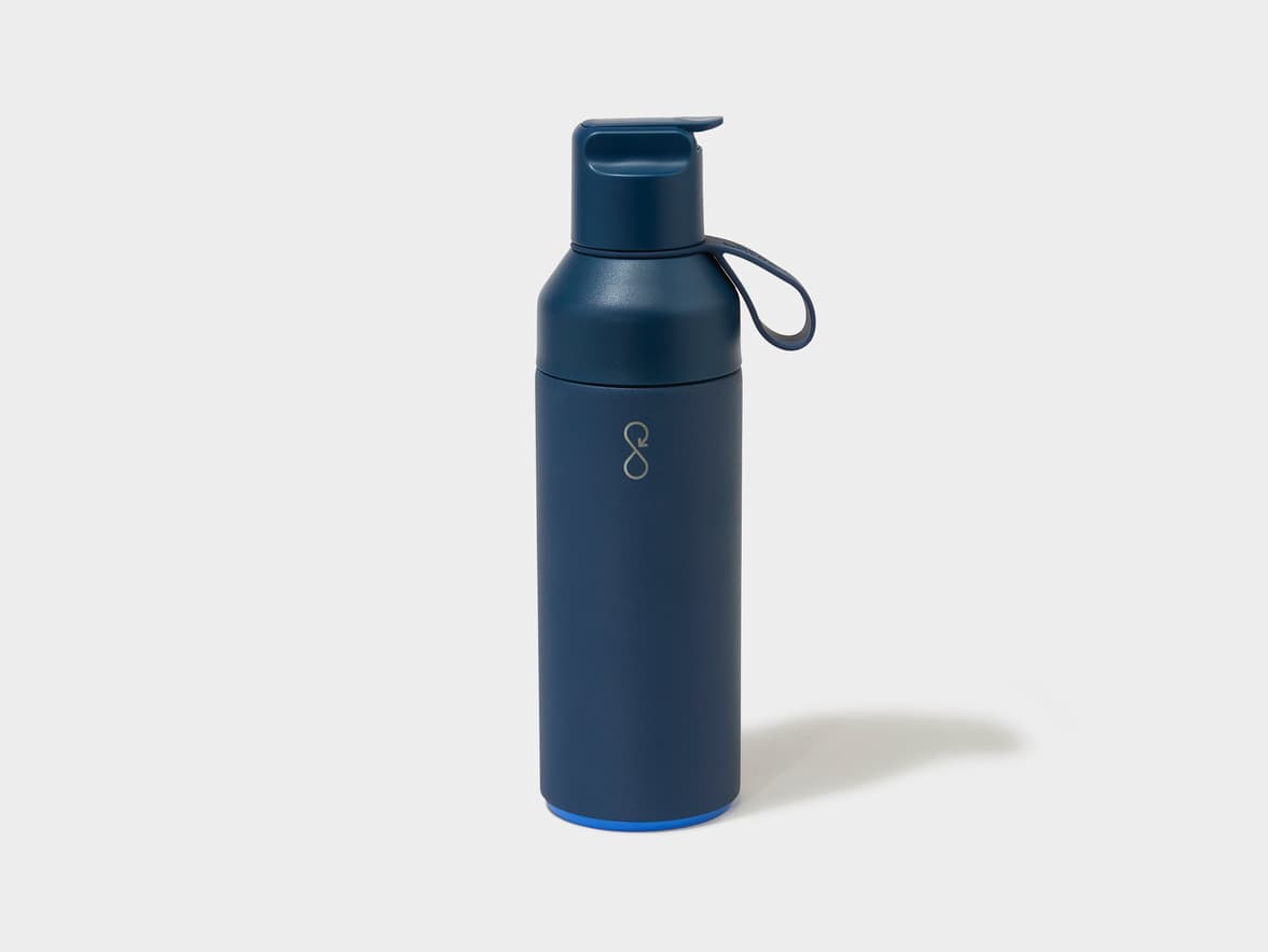 Dark blue water bottle with an infinity symbol logo.