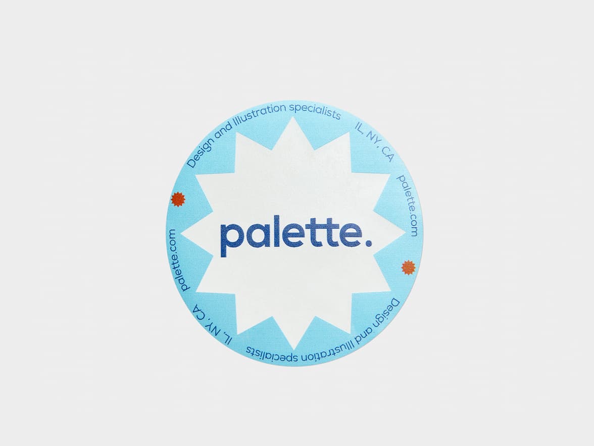 A customized round clear sticker with a light blue jagged outline and the word 'palette' printed on it.