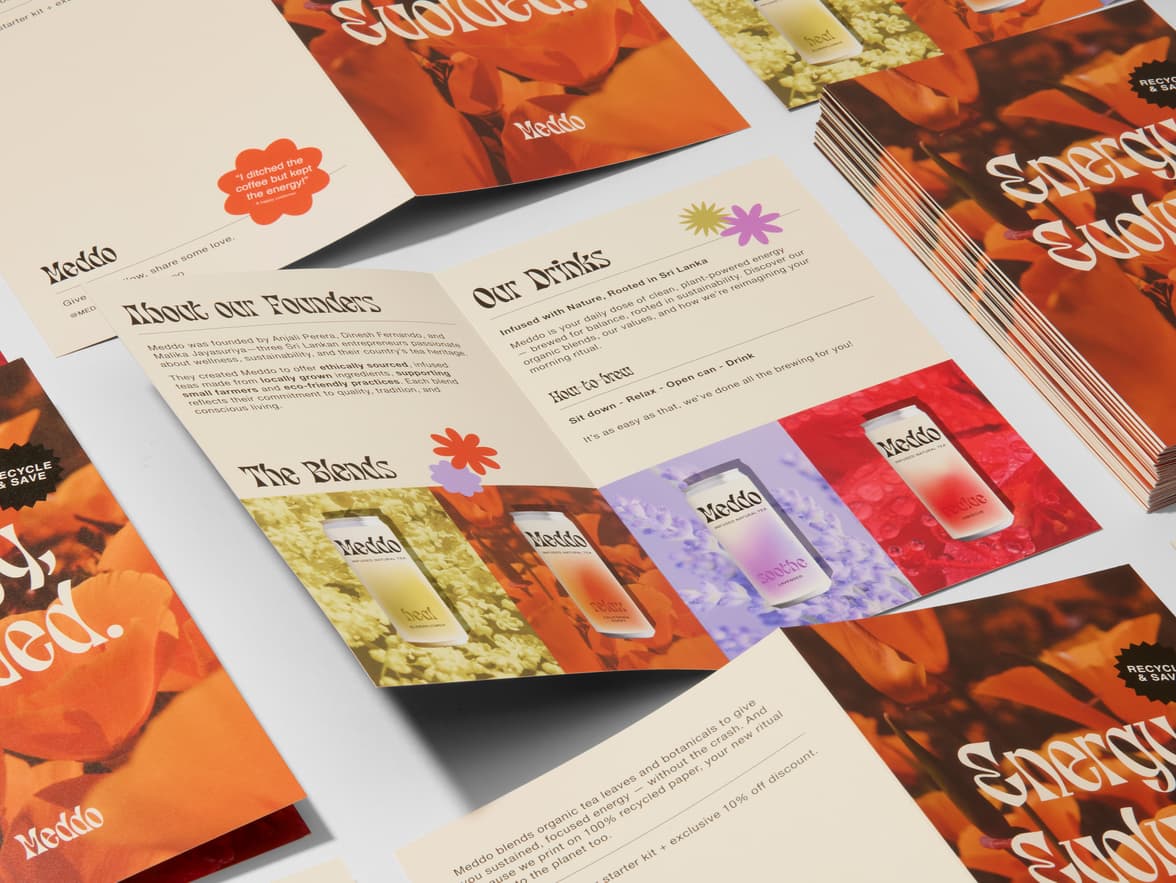 Meddo tea marketing brochures and cards.