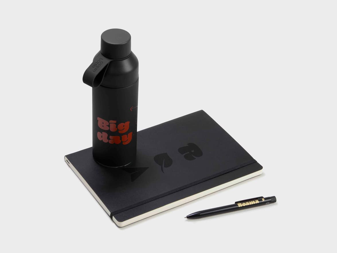 Collection shot of the Black LEUCHTTURM1917 Classic Softcover Composition Notebooks with a Water Bottle and a Pen