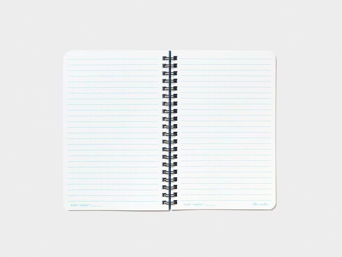 An open spiral-bound notebook with ruled pages. The bottom of each page reads "Scale: 1 square =", and the right page includes the "Rite in the Rain" brand name.