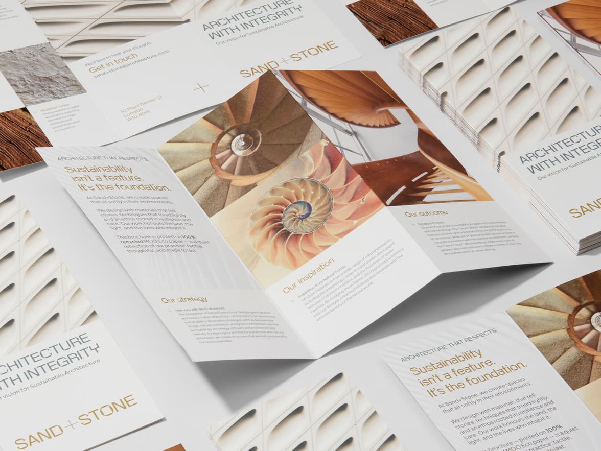 An open brochure and a stack of brochures for Sand + Stone Architecture, featuring nature-inspired designs and text on sustainability.