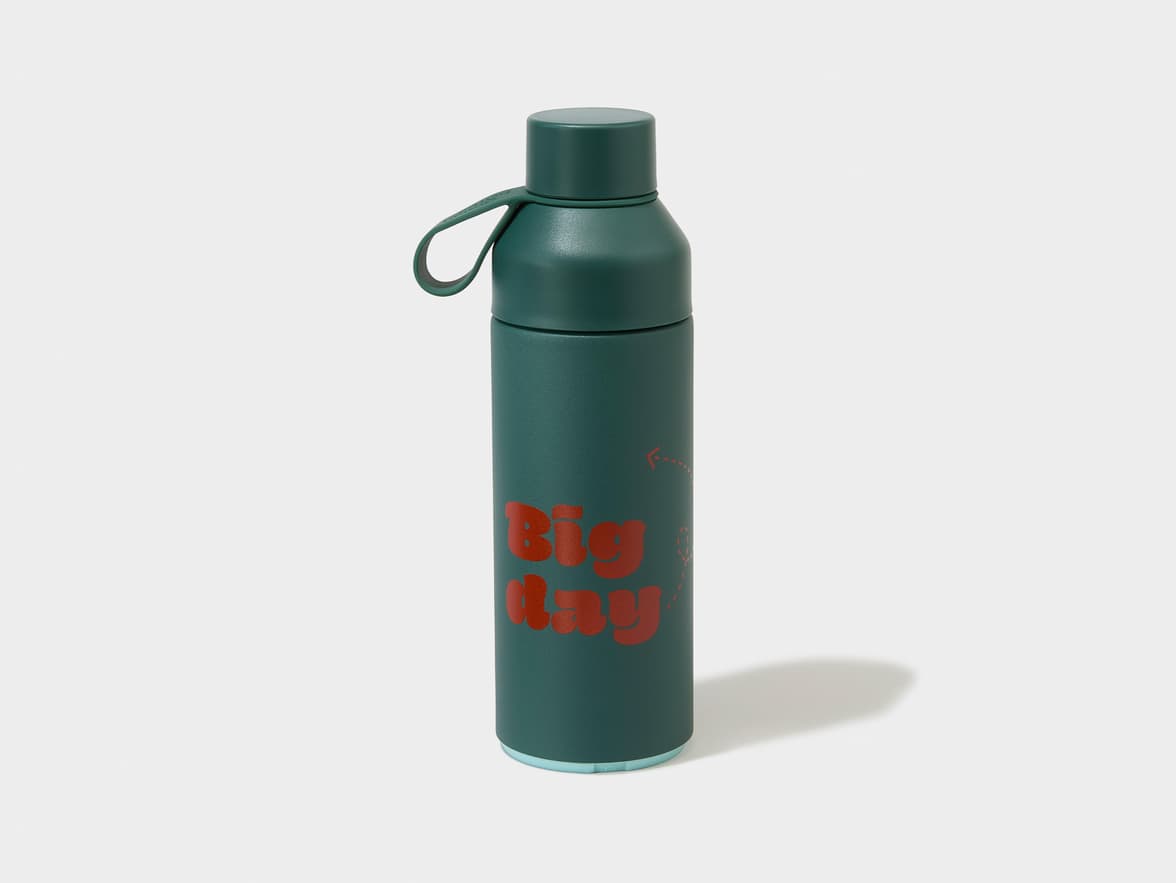 A dark green water bottle with a loop handle on the cap and "Big Any" printed in red on its side.