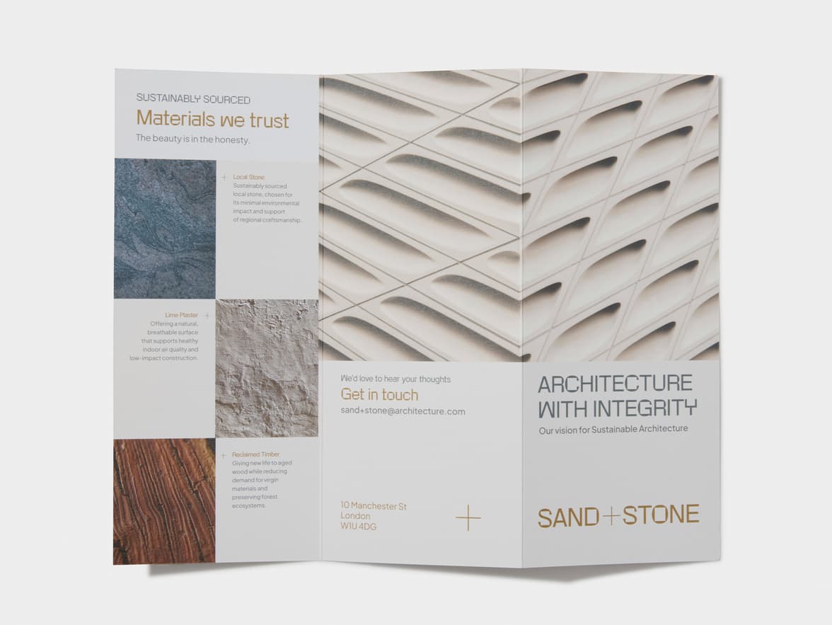 Z-fold brochure for Sand + Stone Architecture highlighting sustainable materials and contact information.