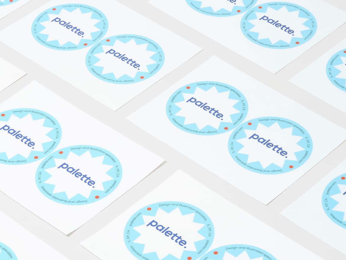 A collection of customized round clear stickers with the word 'palette' printed on it.
