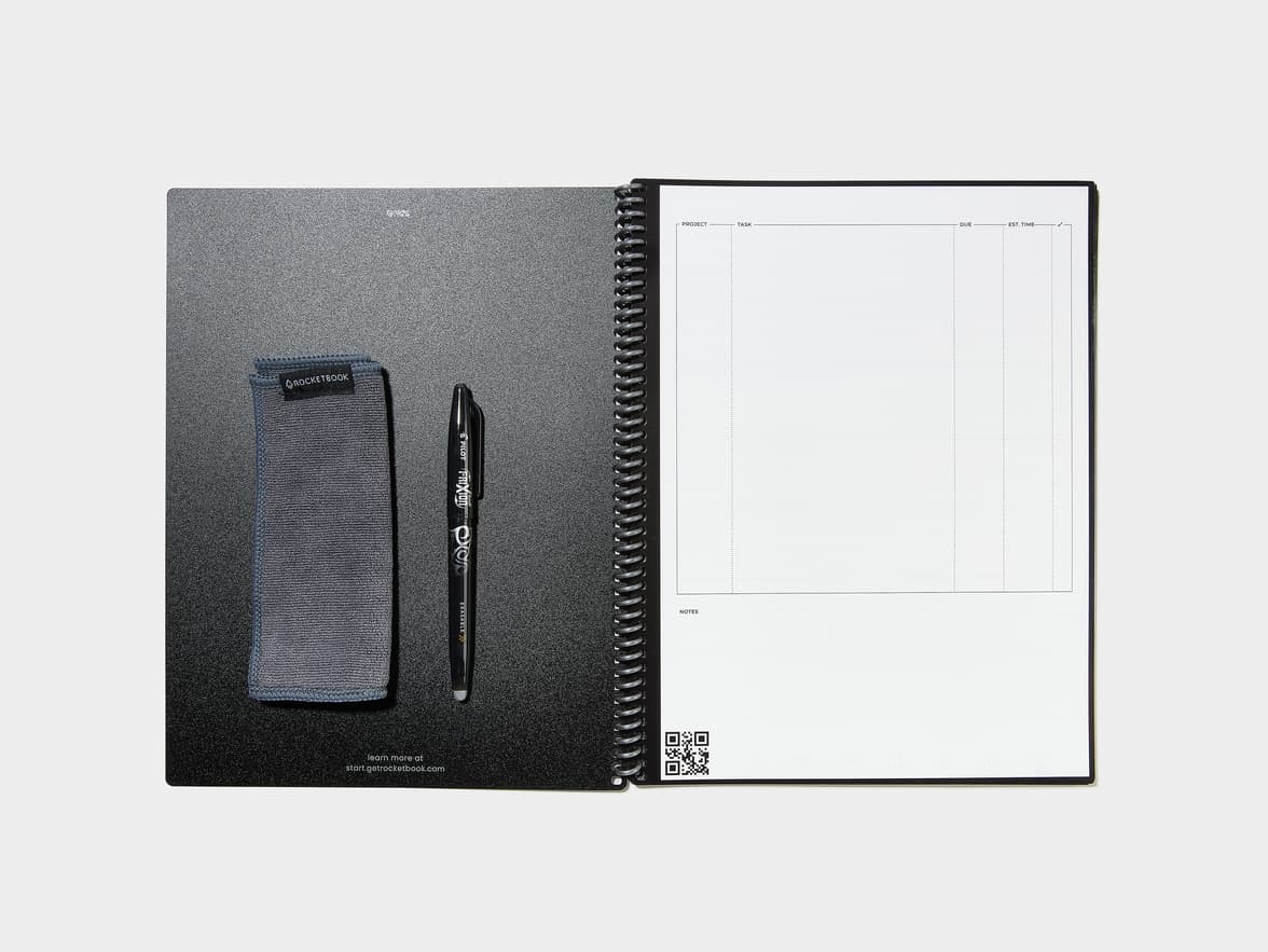 An open Rocketbook notebook with a task list template, a Rocketbook cleaning cloth, and a Pilot Frixion pen.