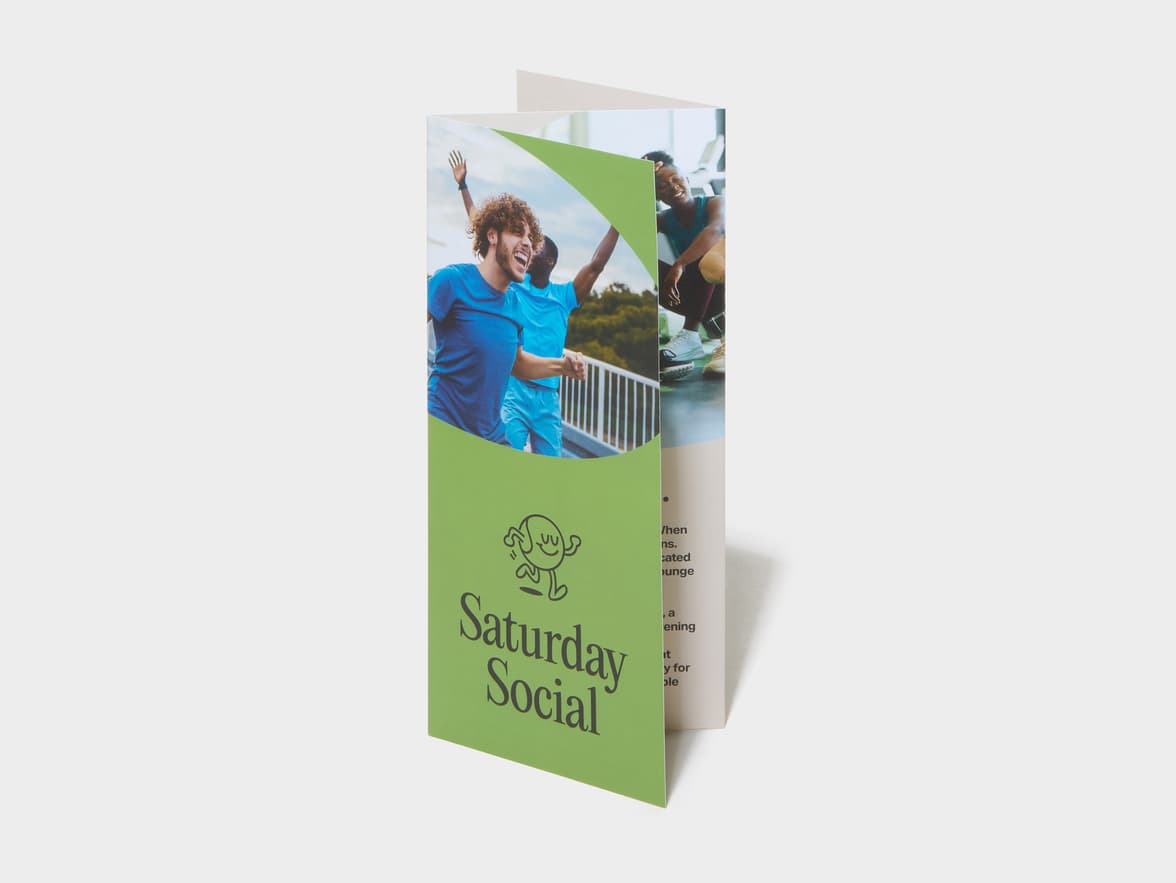 A Z-Fold Original Matte Brochure standing.