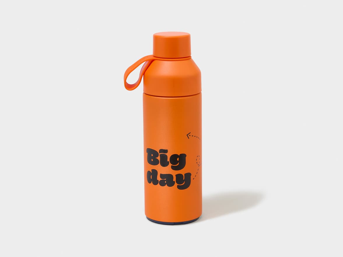 Orange water bottle with "Big day" text.