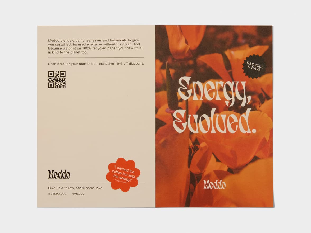 An open Meddo brochure promoting "Energy, Evolved" tea with a QR code and recycling message.