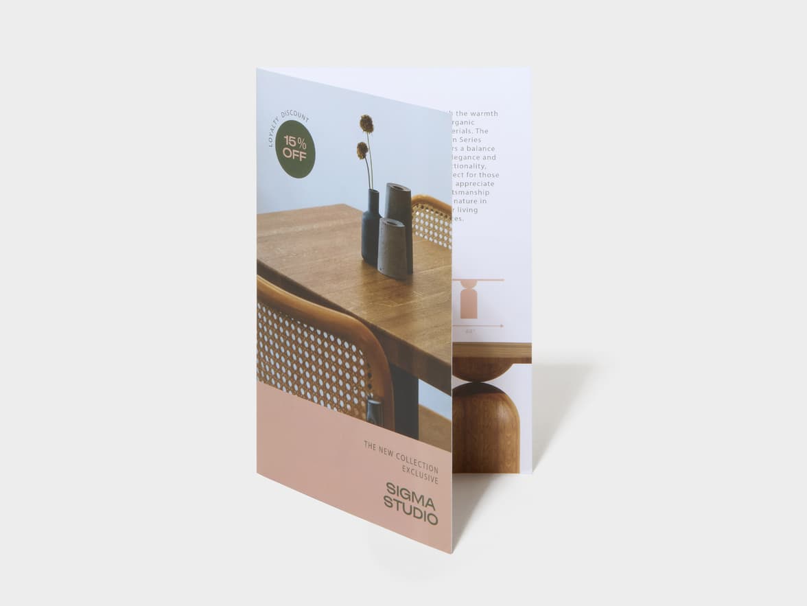 A Bi-Fold Matte Brochure standing.