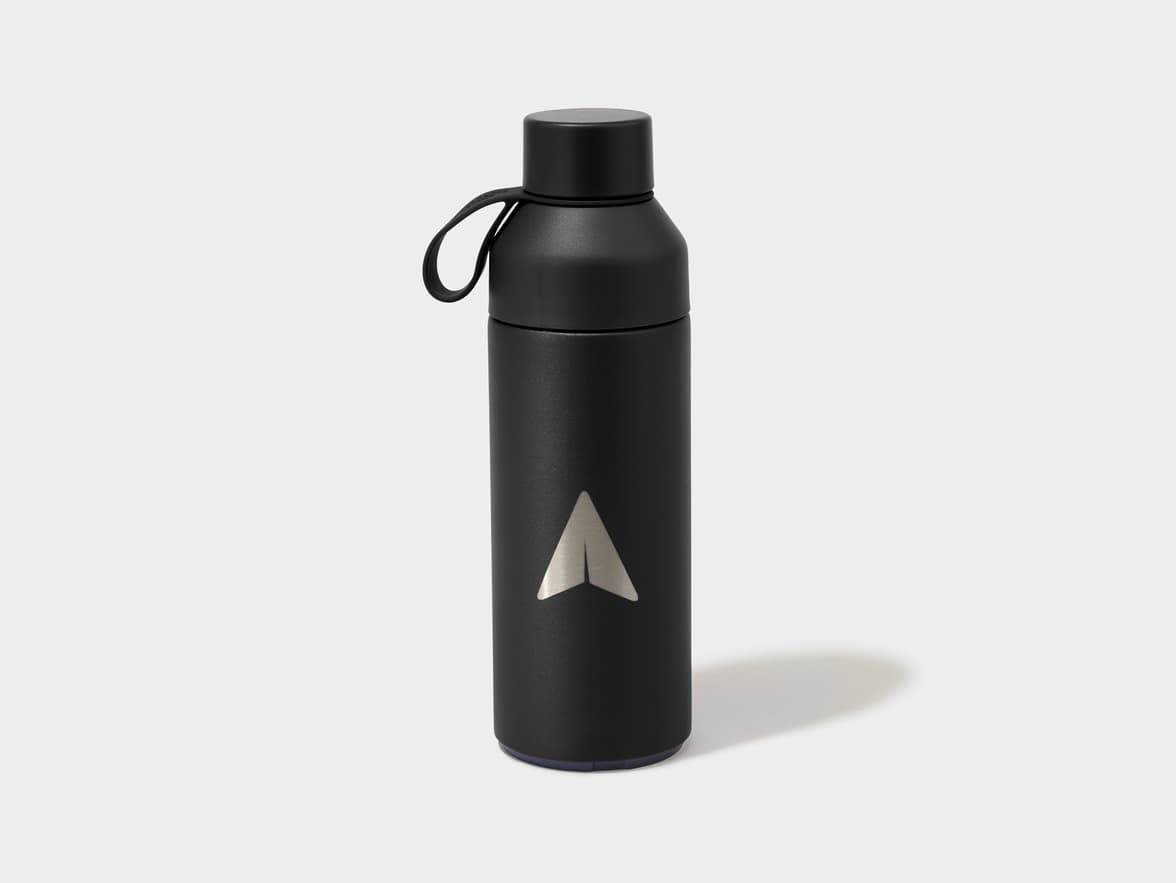 Black water bottle with a silver paper airplane logo.