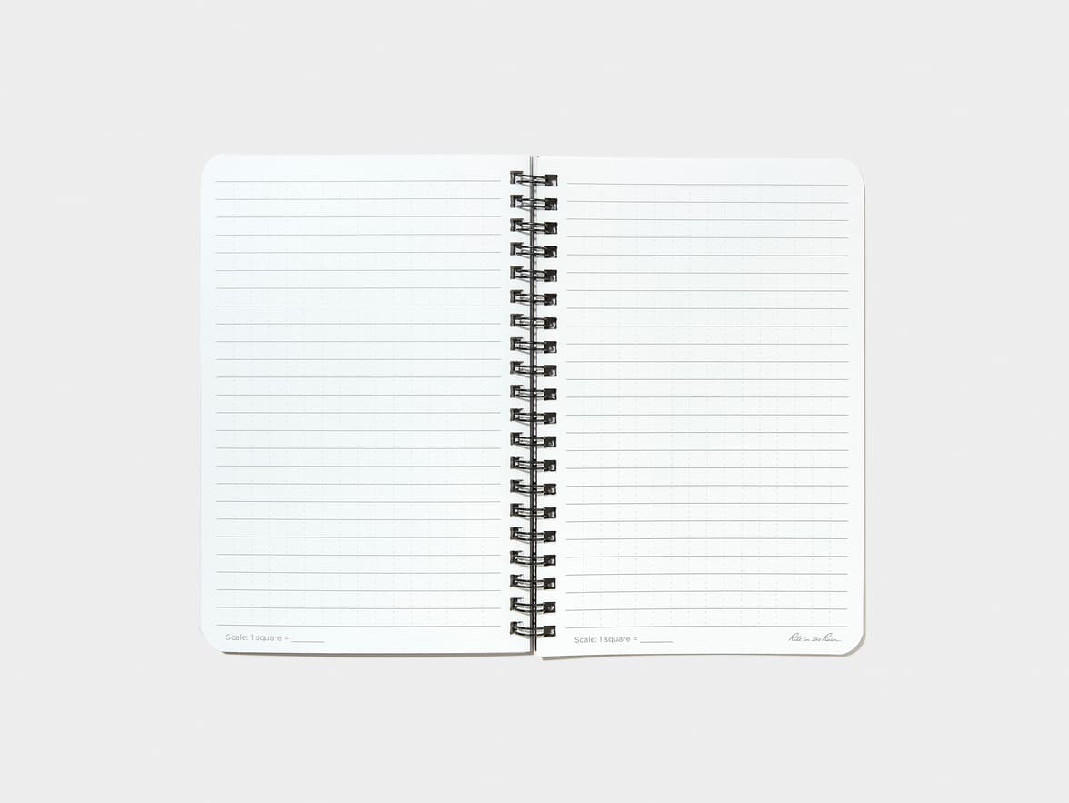 An open spiral-bound notebook with lined pages and a faint dot grid. Text reads "Scale: 1 square = _____" on both pages and "Rite in the Rain" on the right page.
