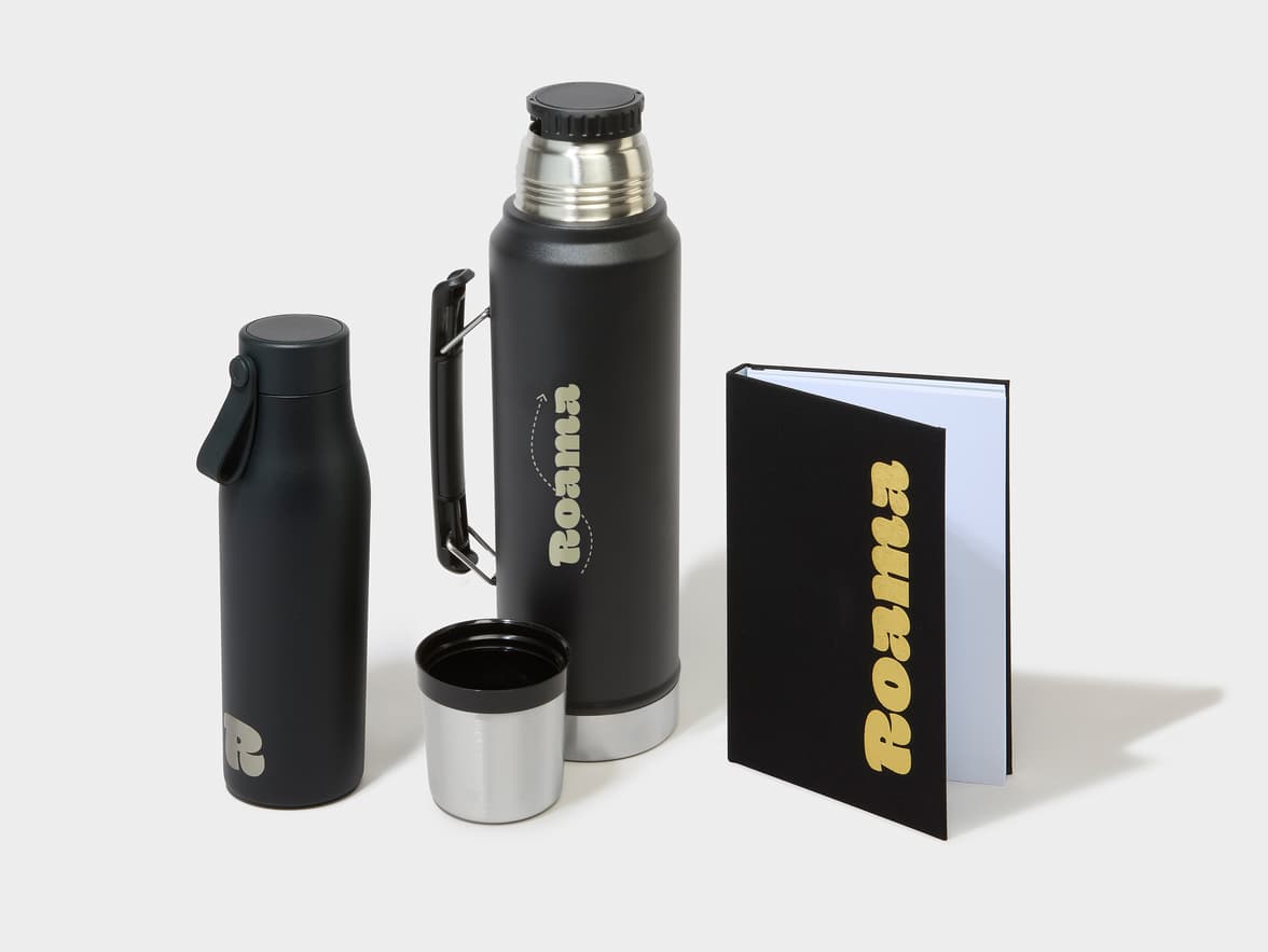 Collection shot of the Stanley Classic Bottle in Black alongisde additional MOO Promotional Products