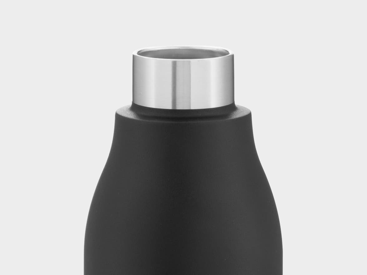 Top section of a black, matte-finished bottle with a silver metallic rim.