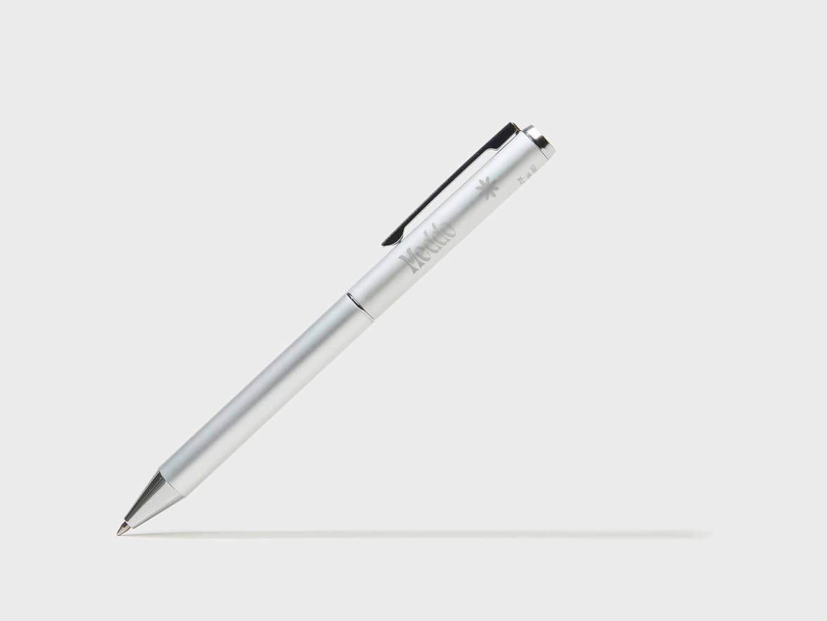 A silver Meddo pen with a star logo.
