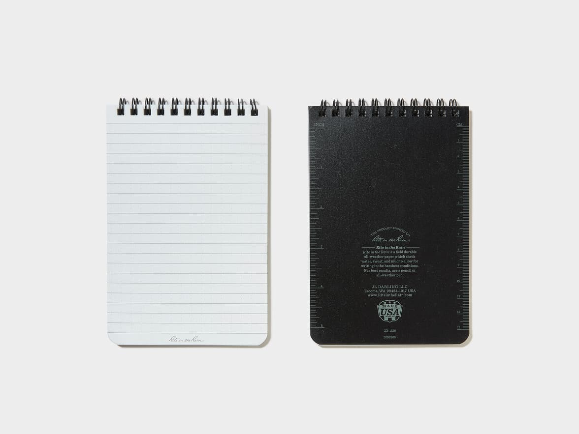 Two "Rite in the Rain" notepads on a light background. The front notepad is white and lined, with "Rite in the Rain" at the bottom. The back notepad is black, with a ruler on the left, and text.