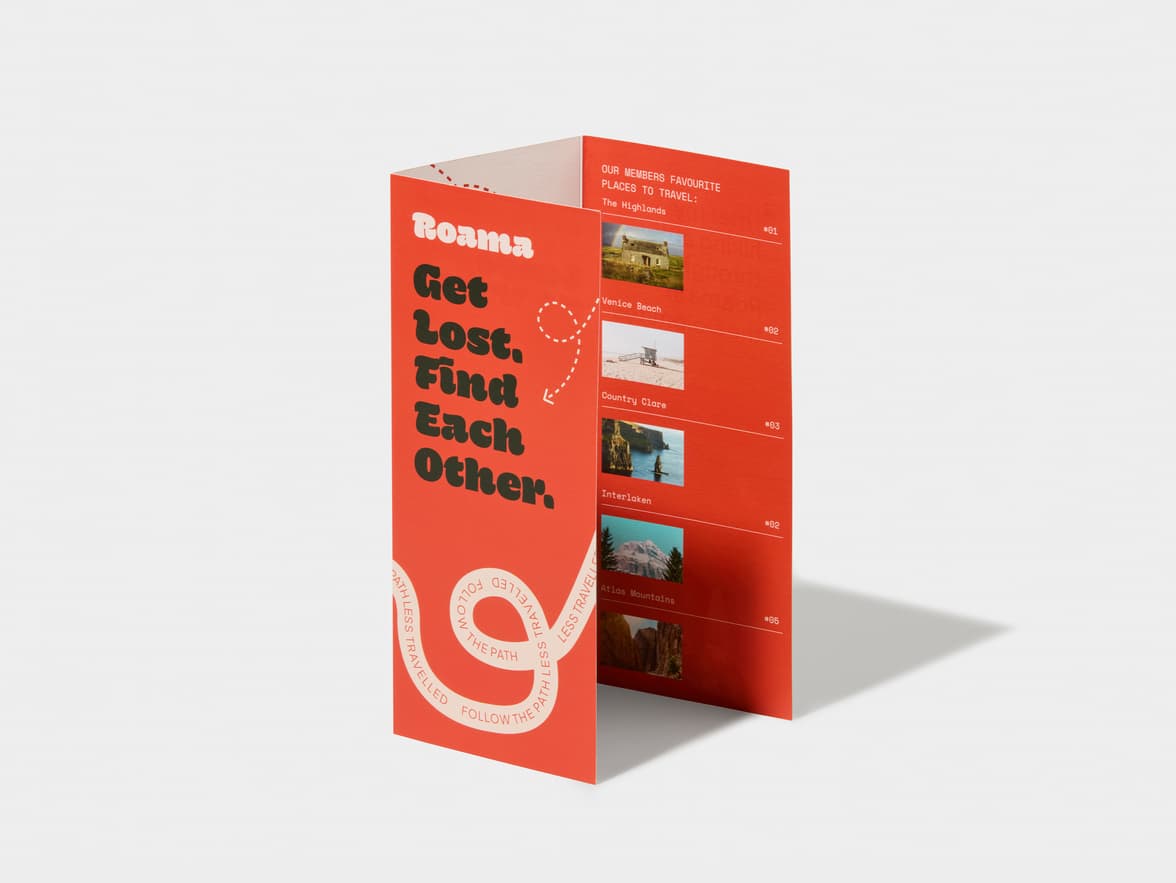 An open, orange tri-fold travel brochure for "Roama" featuring a slogan and a list of five favorite destinations with images.
