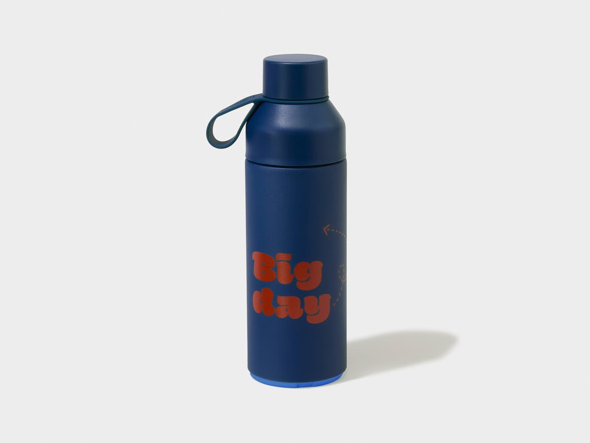 Dark blue insulated water bottle with a loop handle, featuring "Big day" in orange text.