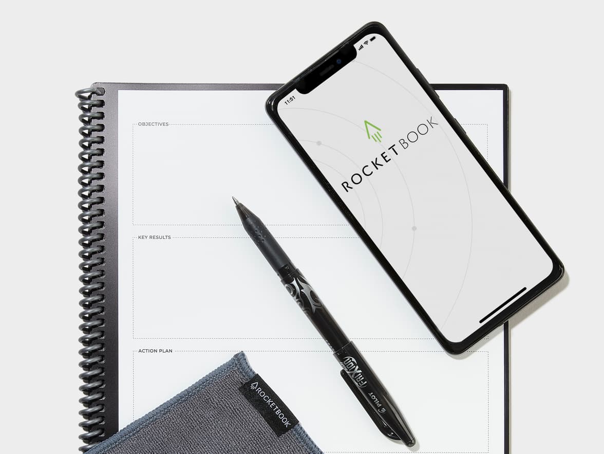 Rocketbook spiral-bound notebook open to a page with sections for OBJECTIVES, KEY RESULTS, and ACTION PLAN.
