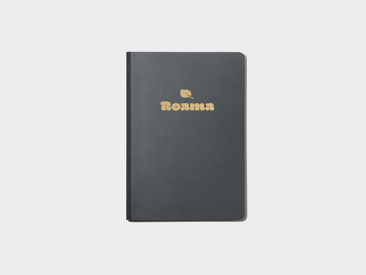 A jet black softcover notebook with gold foil customisation.