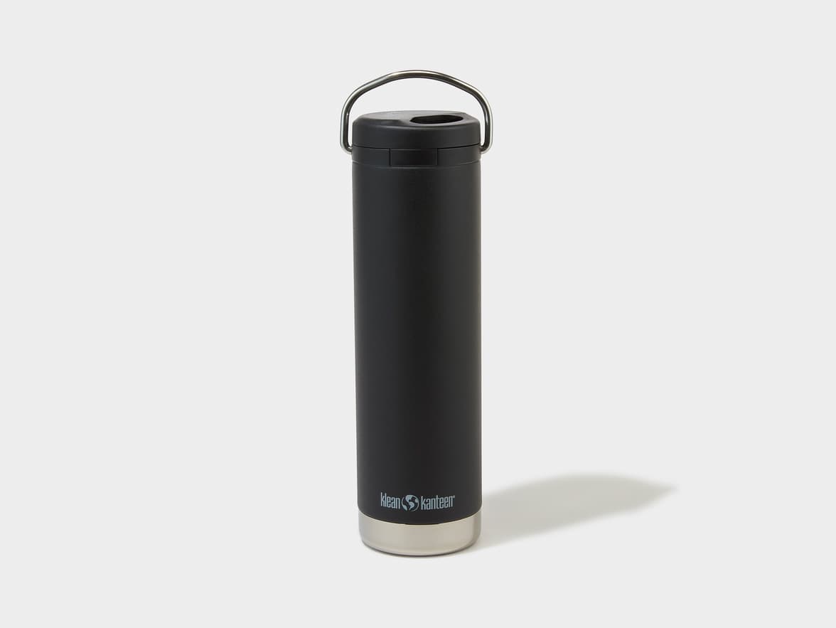 Black Klean Kanteen bottle with a silver base and handle.