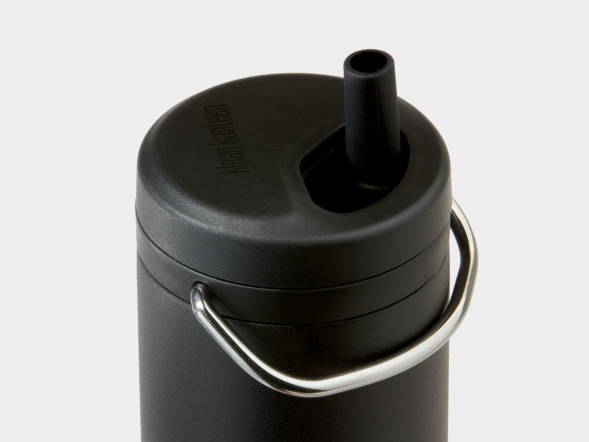 Klean Kanteen black water bottle with a straw lid.