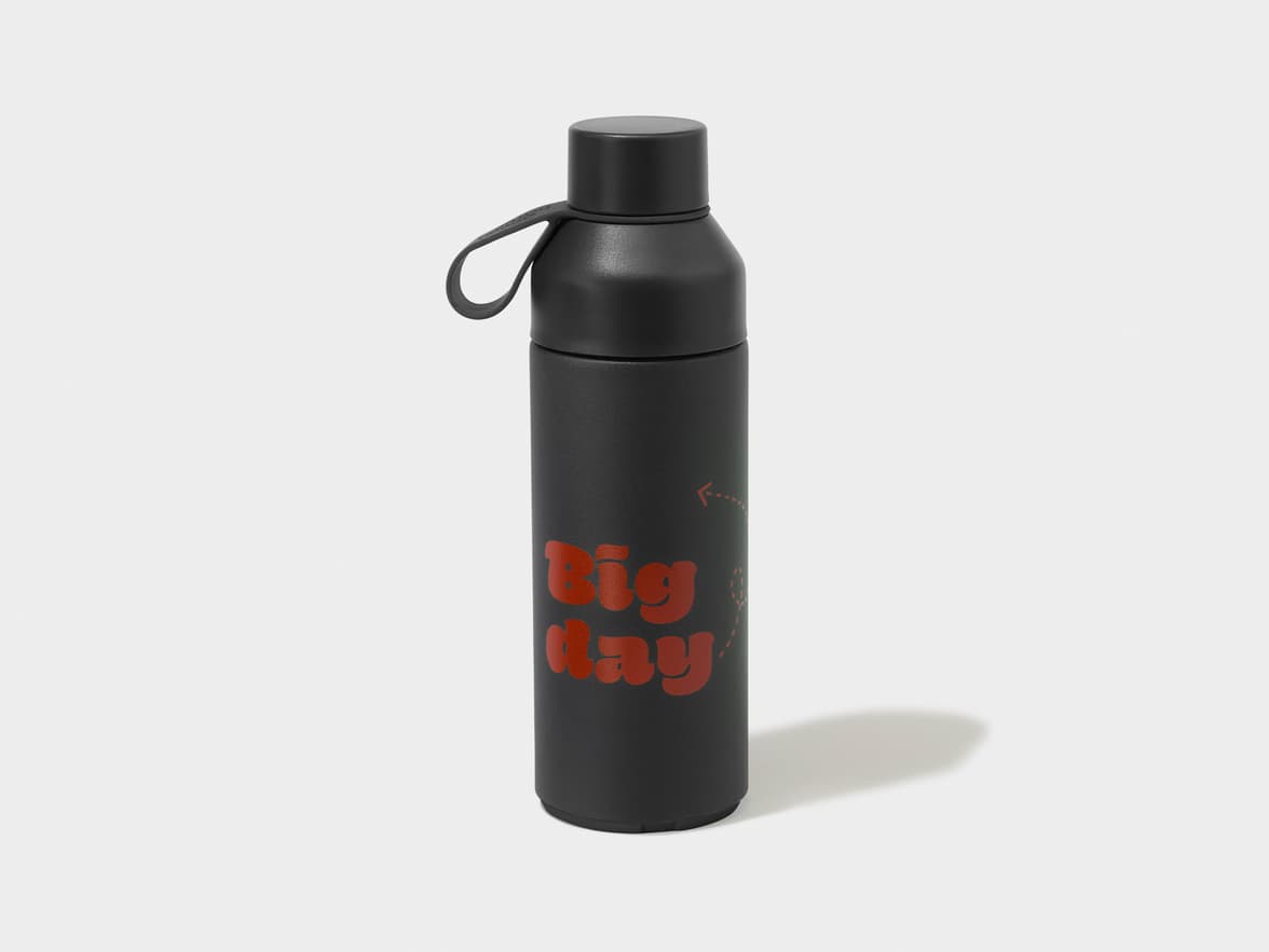 Black water bottle branded with "Big Day" and a dashed arrow path.