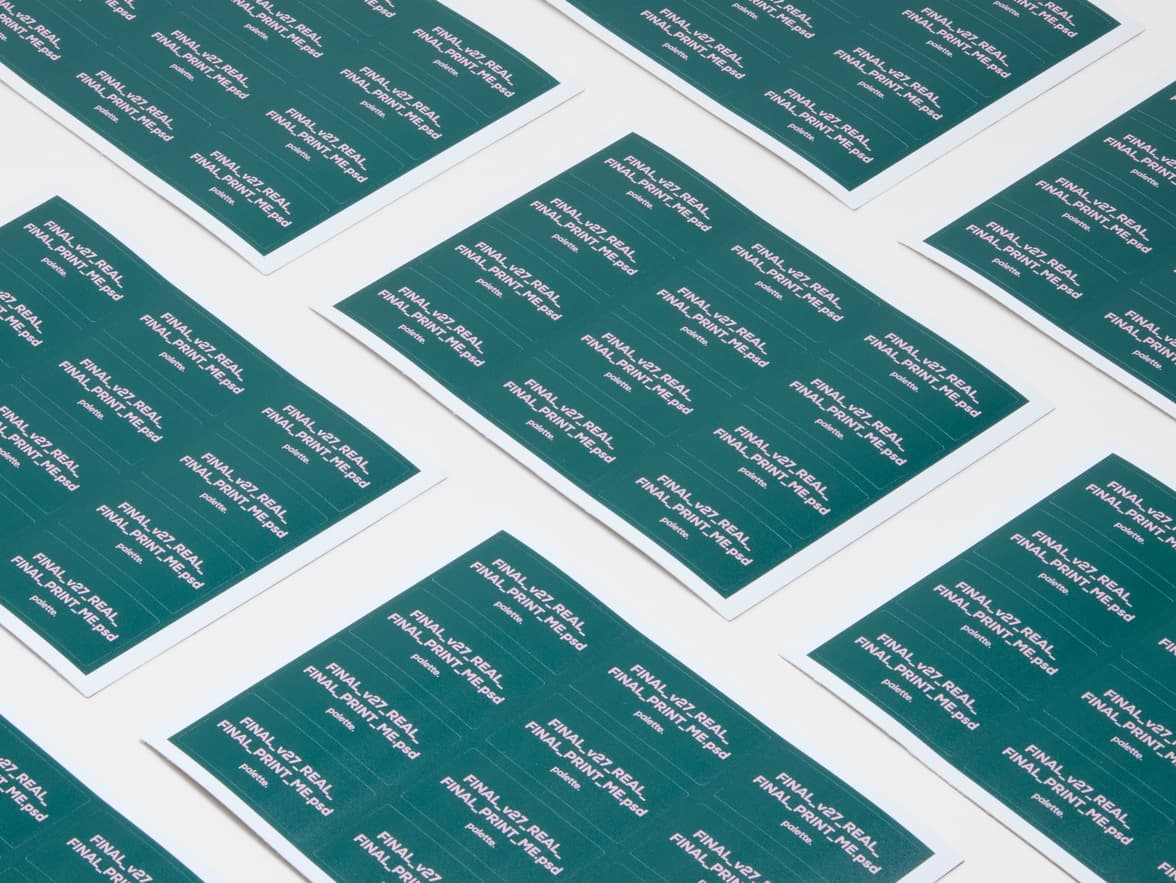 A collection of rectangular coated stickers with green and purple customization.