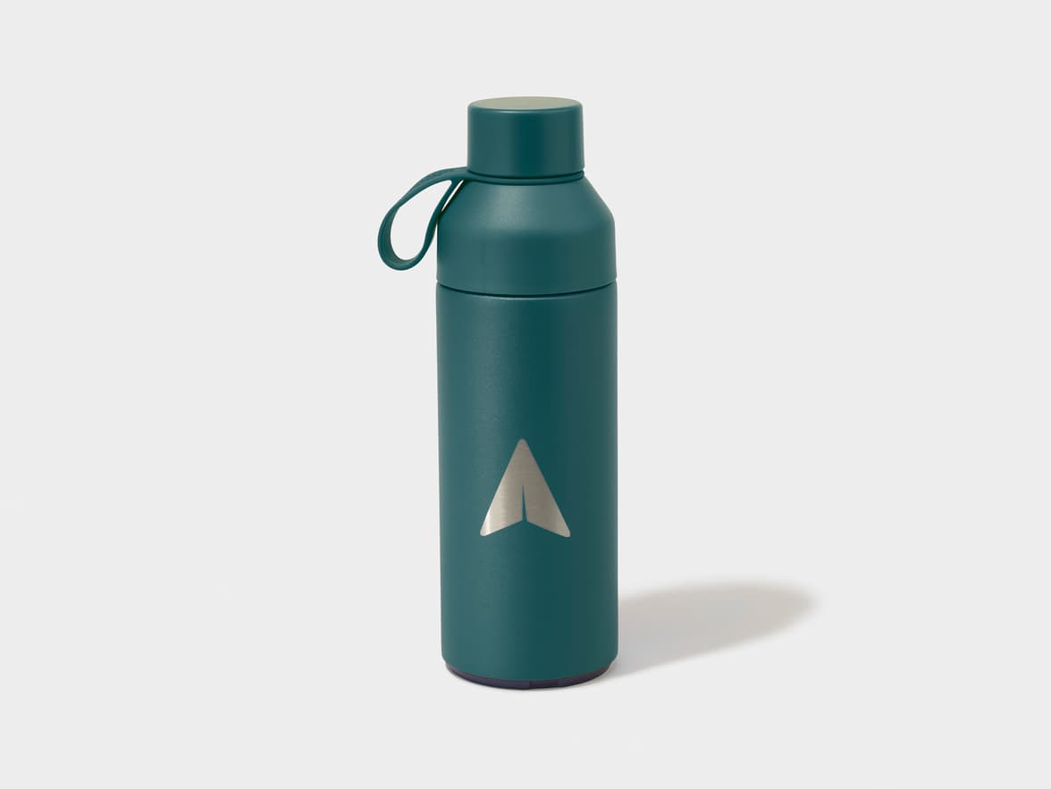 A teal water bottle with a silver upward-pointing arrow logo and a carrying loop on the lid.