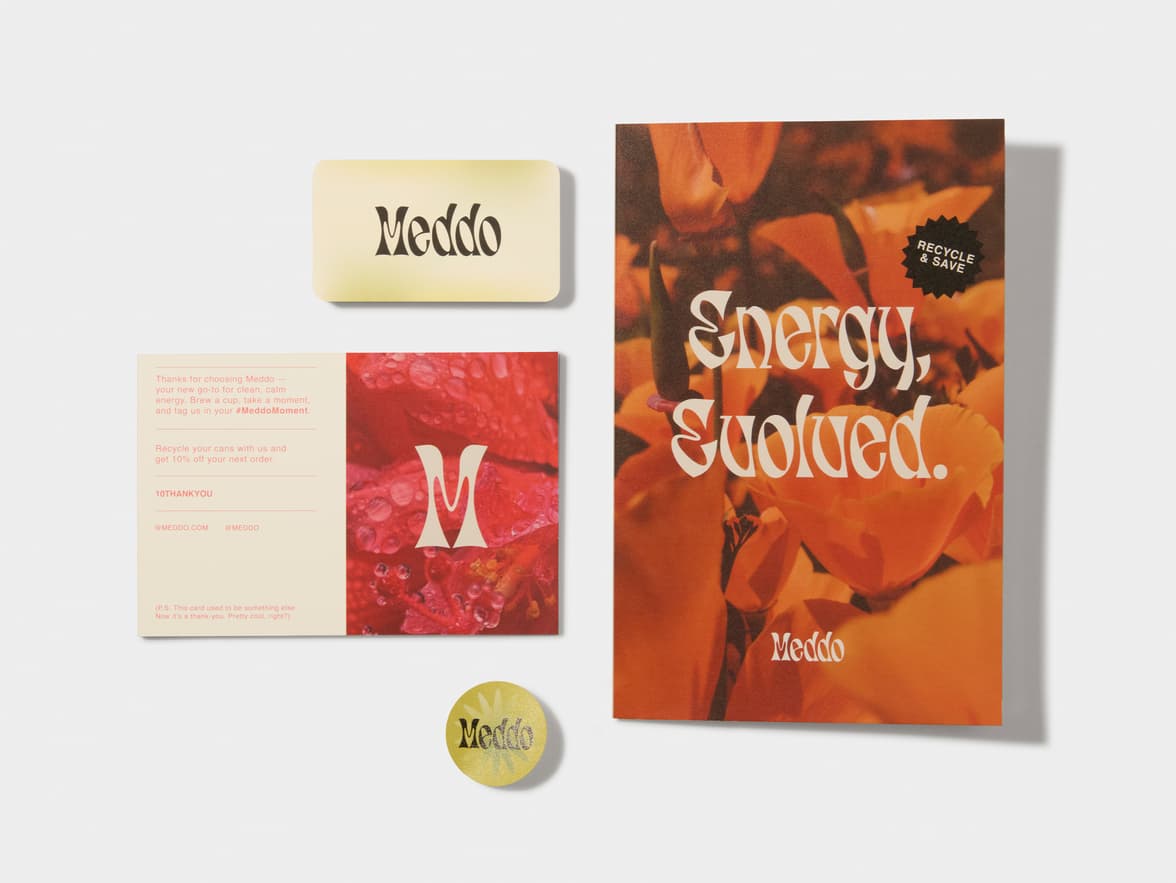 Meddo branding materials: cards and a sticker with floral art and promotional text.