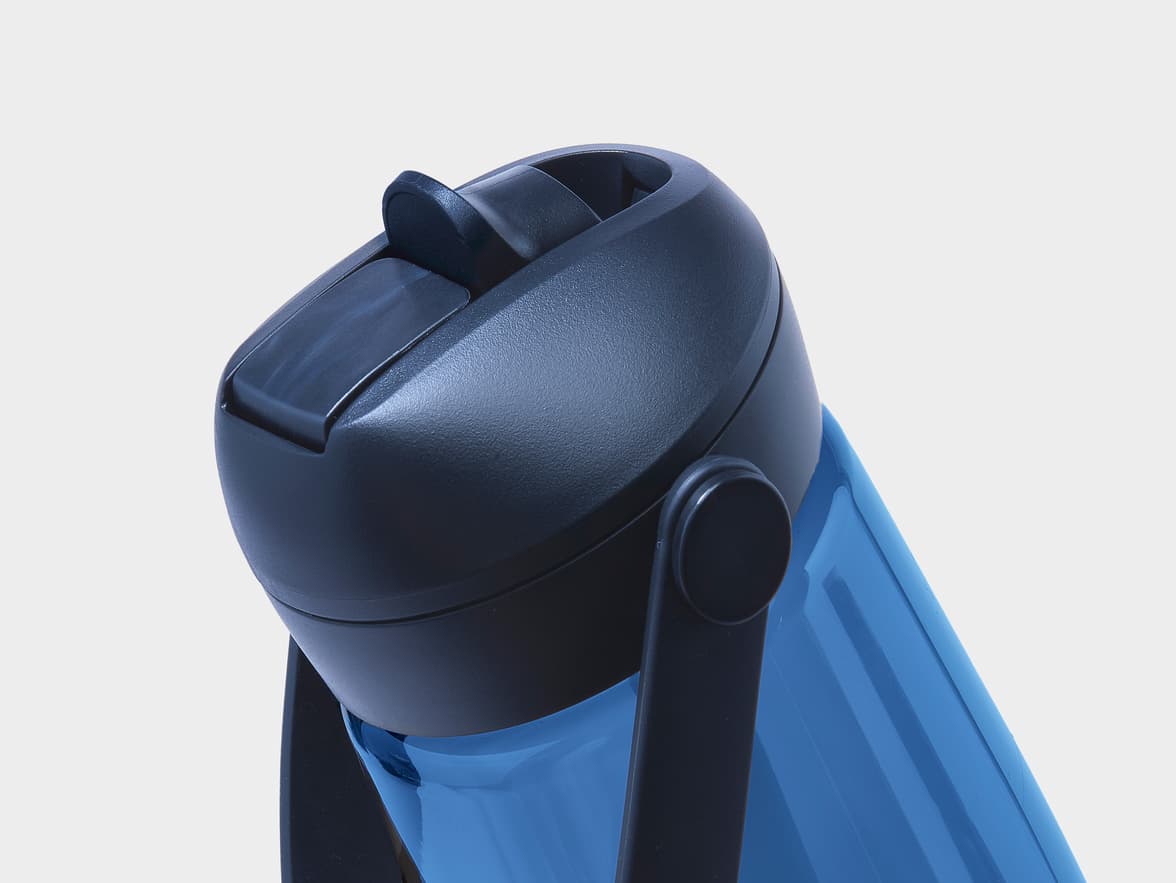 Blue water bottle with a black lid and handle.