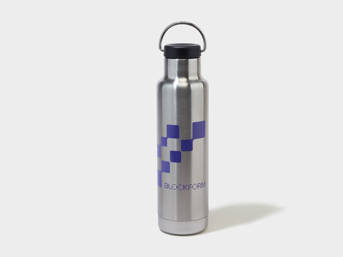 Silver Klean Kanteen water bottle with a purple pixelated logo and "BLOCKFORM" text.