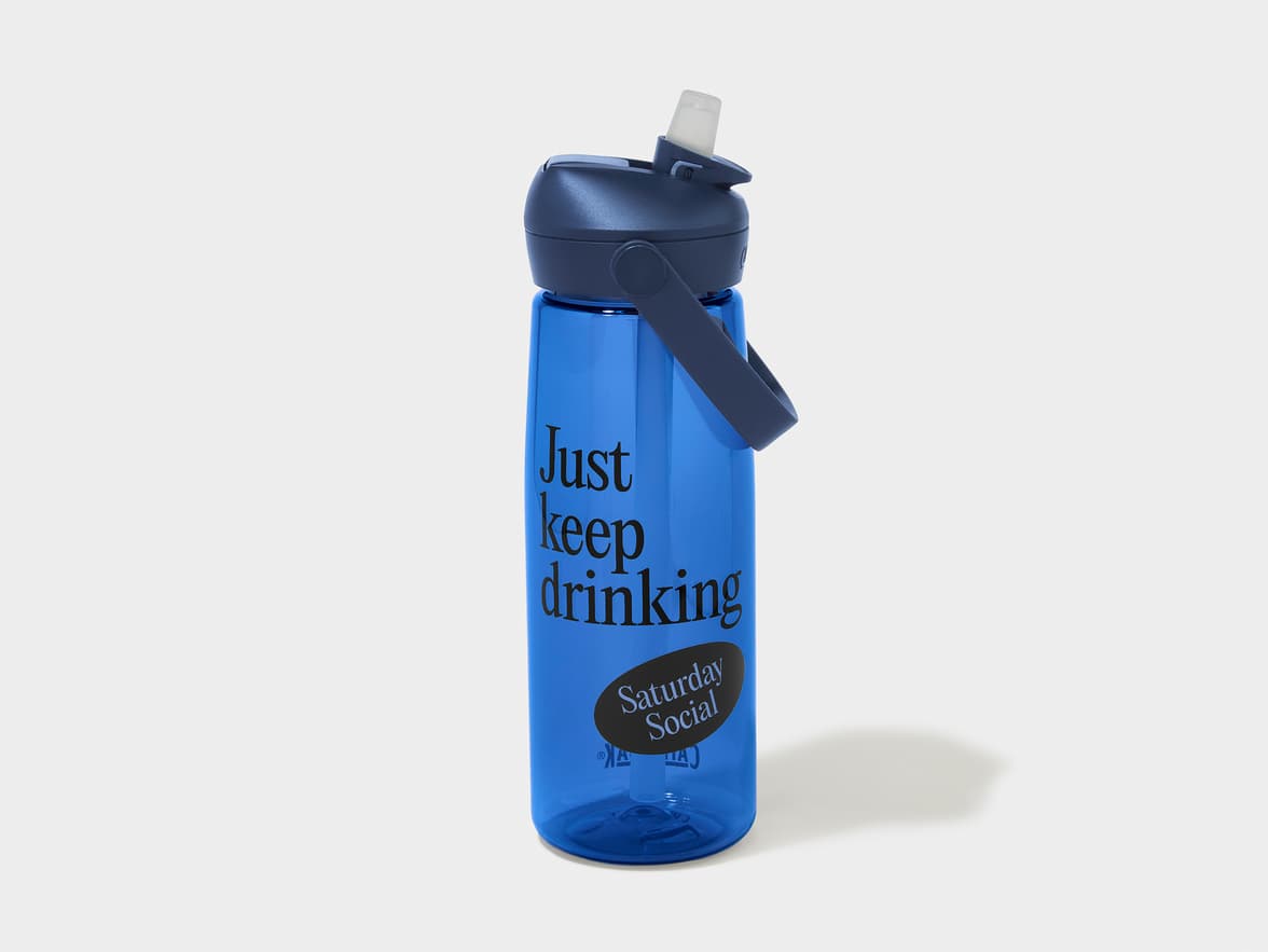 Blue water bottle with "Just keep drinking" and "Saturday Social" branding.