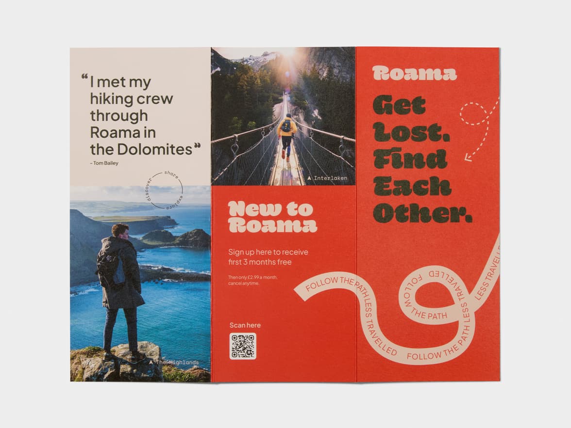 Roama brochure with outdoor adventure images and signup offer.