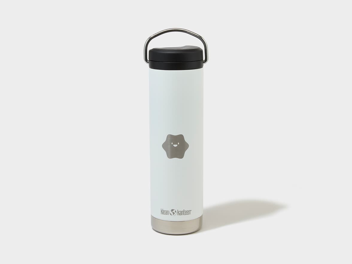 White Klean Kanteen bottle with a grey face logo, black lid, and silver handle.