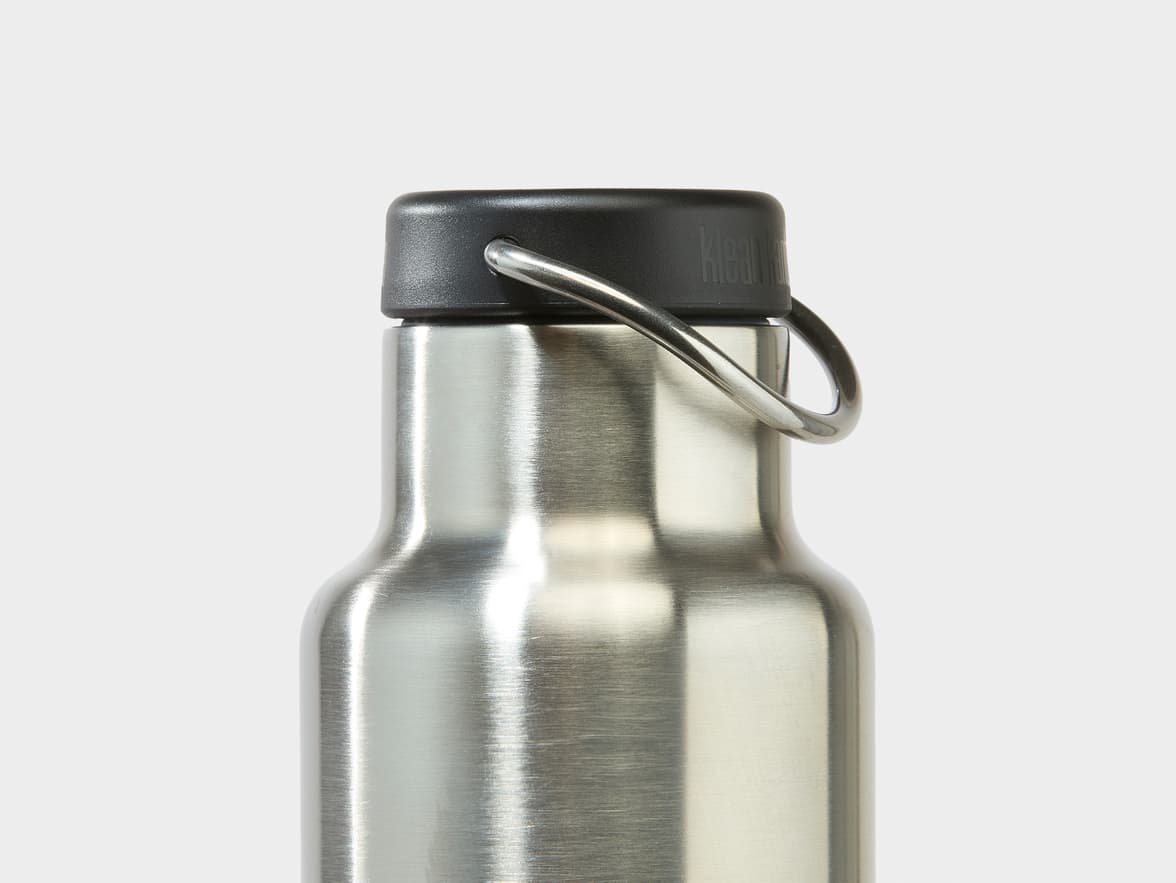 Klean Kanteen brushed stainless steel bottle with a black cap.