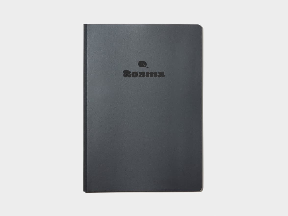 A large jet black softcover notebook with black foil customisation.