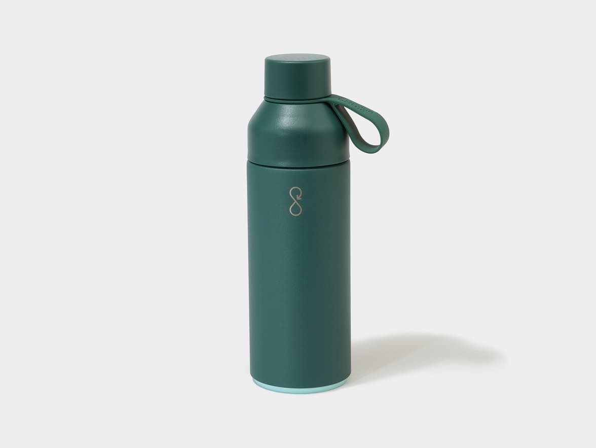Dark green Ocean Bottle with an infinity symbol logo and a light blue base.