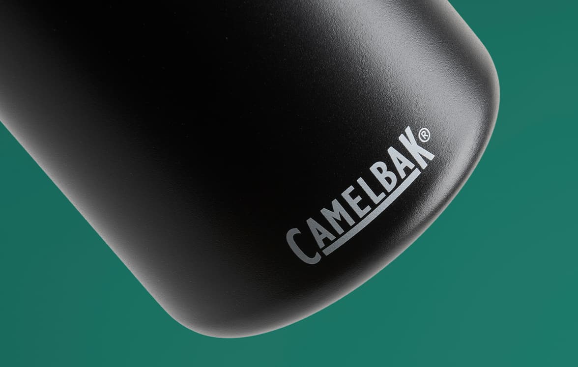 A close up image of CamelBak branding at the bottom of a bottle.